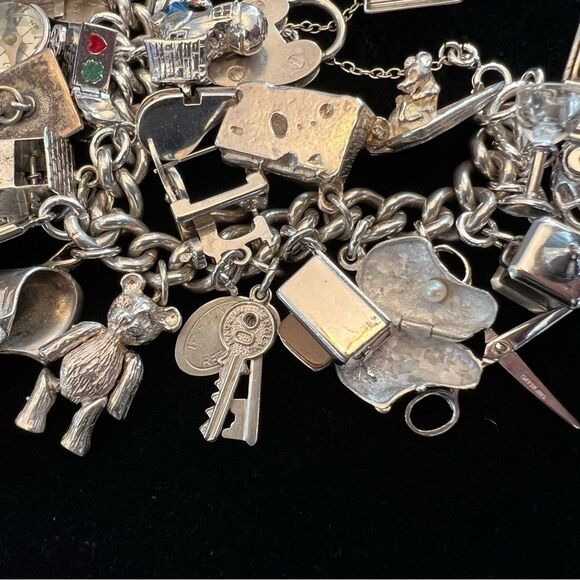 VINTAGE CHARM BRACELET HEART LOCKET TRAVEL 60s 70s STERLING SILVER 925 124G EVC - Picture 9 of 16